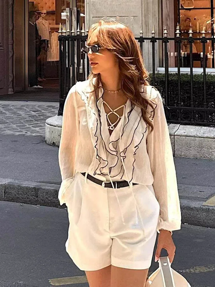 

HH Women Summer Laminated Frilled V-Neck Long Sleeve Translucent Shirt Top+Elastic Waist High Street Pleated Long Skirt Suit