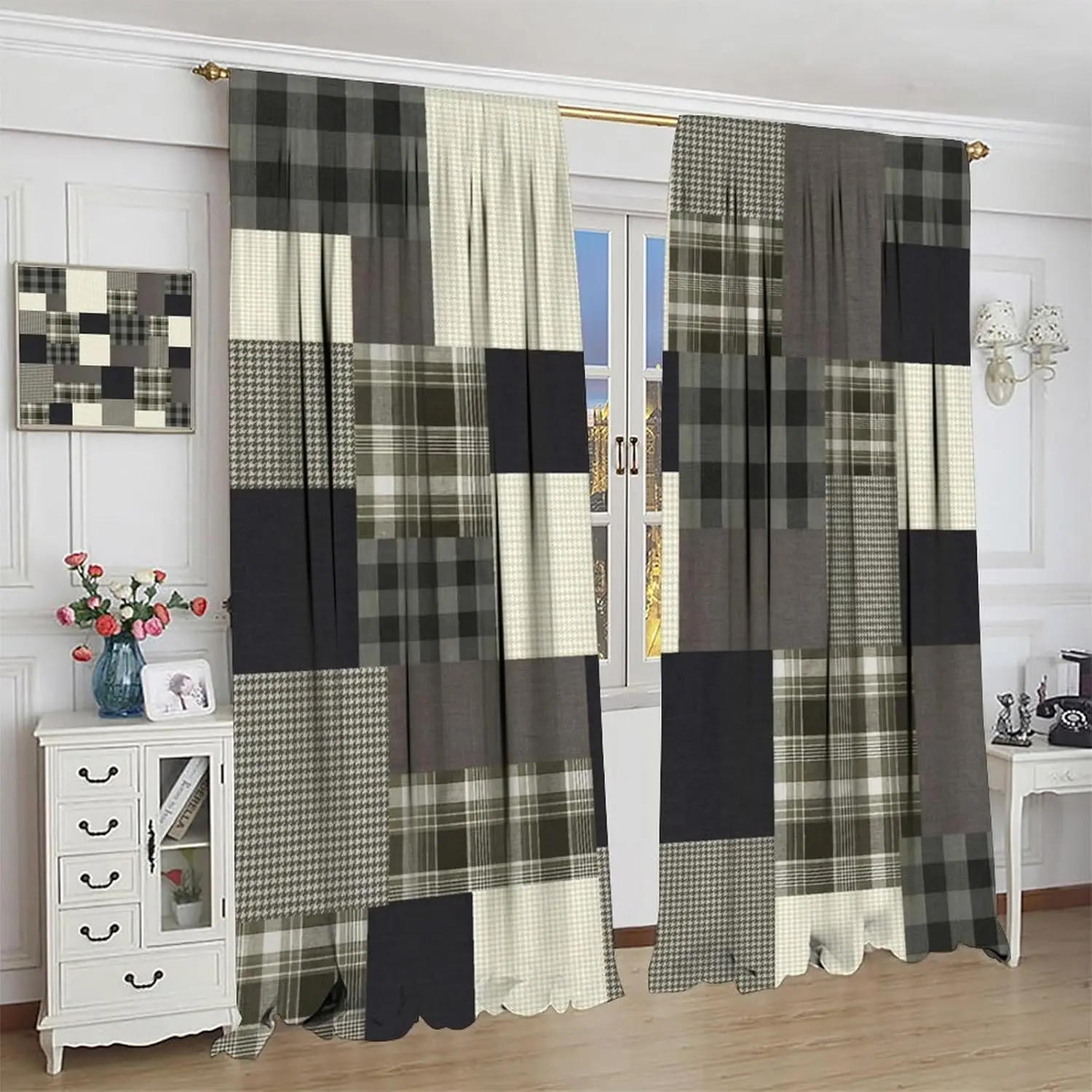 Patchwork Print Curtains, Vintage Fabric Brown Patchwork Plaid Design Blackout Rod Sleeves Window Drapes for Living Room Bedroom