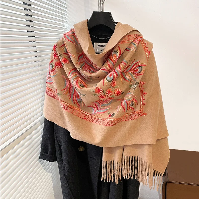 

2024 New Women Embroider Feather Pashmina Cashmere Scarf Winter Warm Tassels Scarf Shawl Fashion Scarves Oversize Travel Blanket