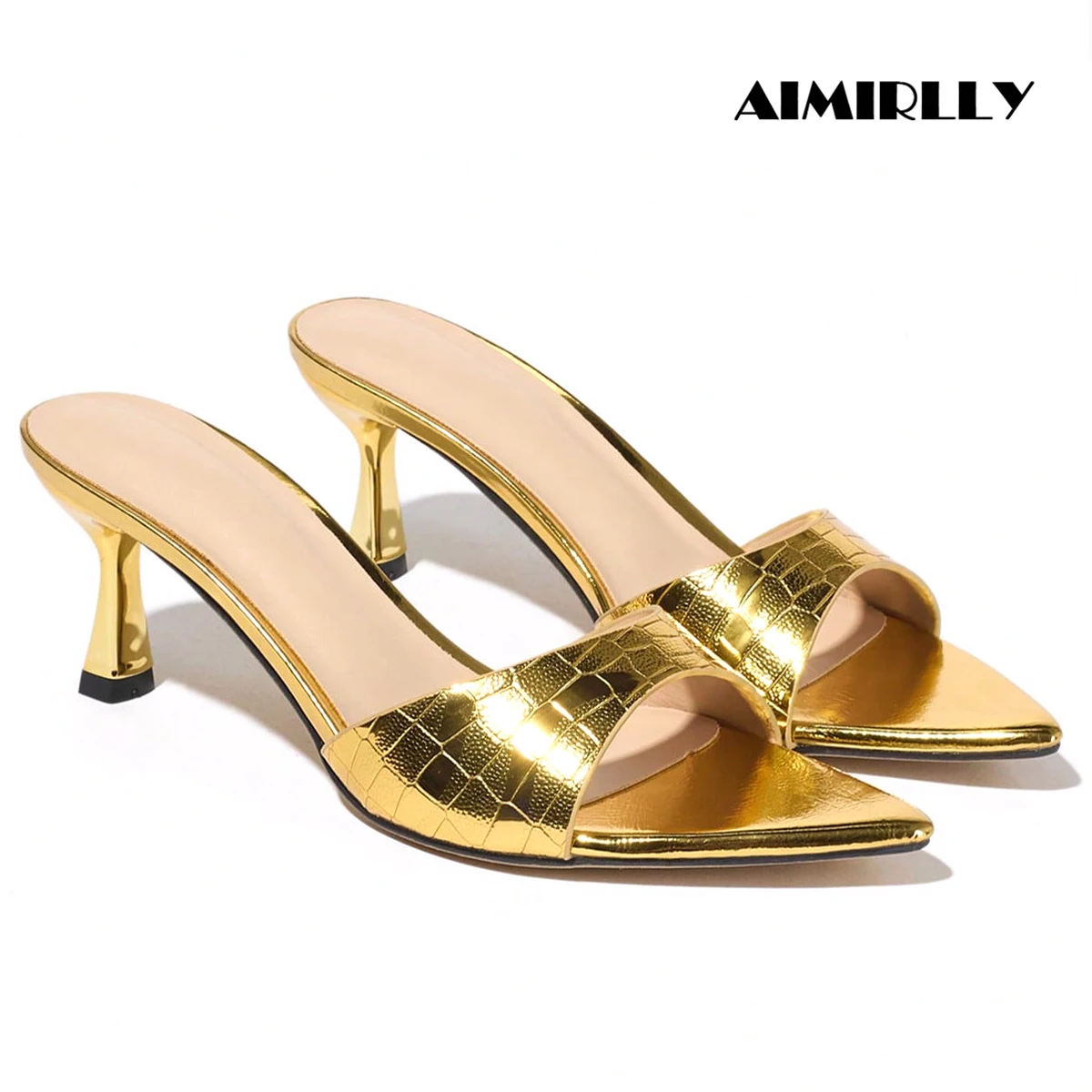 

Женские золотые босоножки-мюли с острым носком, туфли-мюли на высоком каблуке без застежек, блестящие мюли на каблуке-бокал с текстурой под крокодила