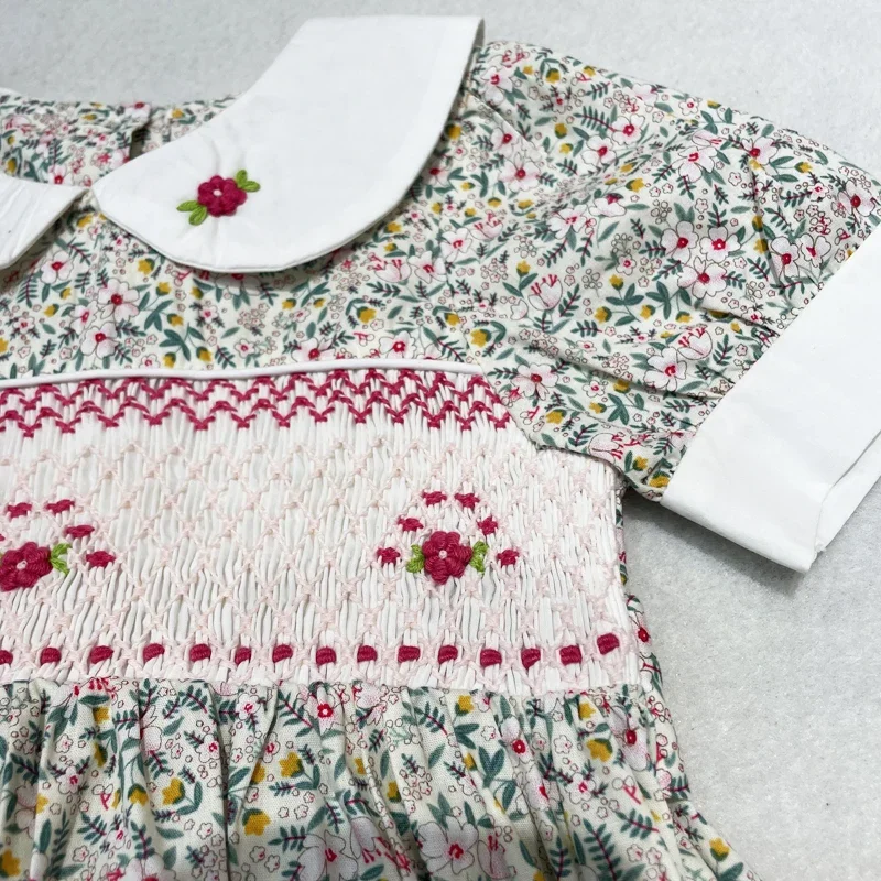 Summer kids girl clothing baby boutique flower embroidery handmade smocked dresses toddler ruffle sleeve floral smock dresses