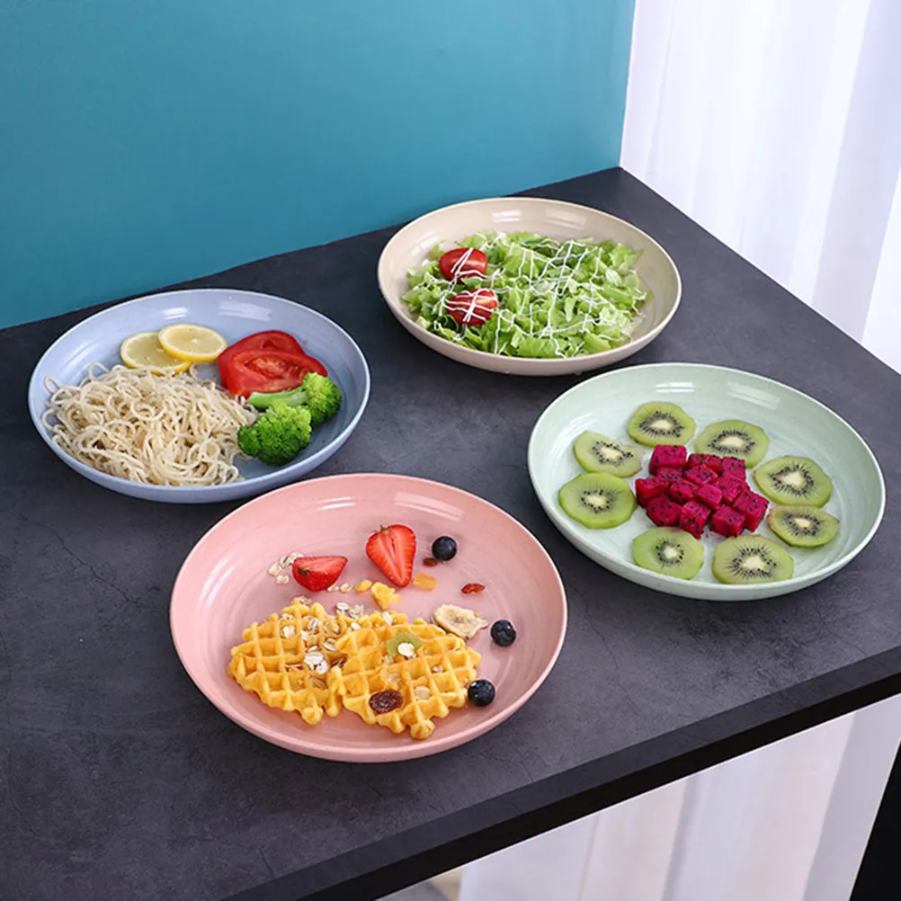 

4Pcs Wheat Straw Round Dinner Plates Shatter-Resistant Smooth Rim Serving Platters for Family Party Wedding Restaurant Use