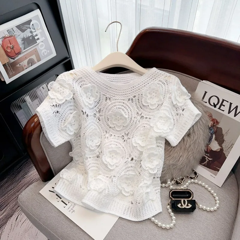 French Style Vintage 3D Flower Hollow Out Crochet T-shirt 2024 Summer New Chic Niche Slim-fitting Short-sleeved Knitted Top