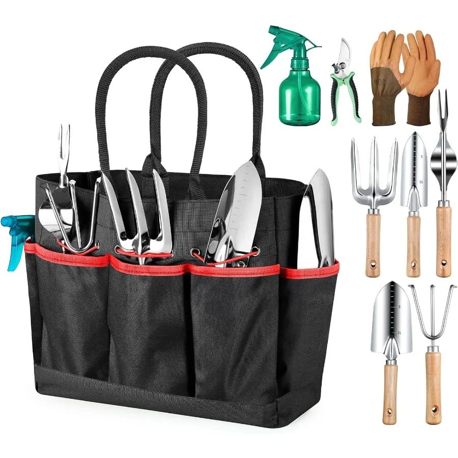 

9Piece Heavy Duty Gardening Hand Tools Set with Fashionable and Durable Organizer Handbag RustProof Design for Outdoor Garden M