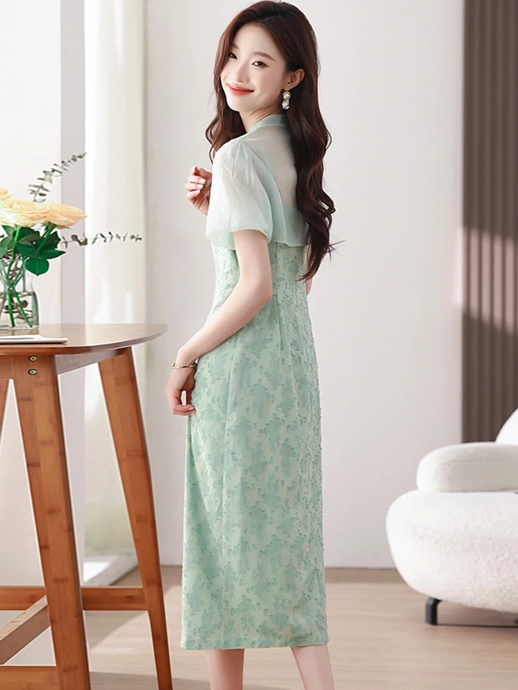 2025 جديد الأخضر طباعة مطوي فستان بكتافة + شبكة قميص حريمي قطعتين مجموعات المرأة الصيف الكورية أنيقة فستان مناسبات غير رسمية مجموعات