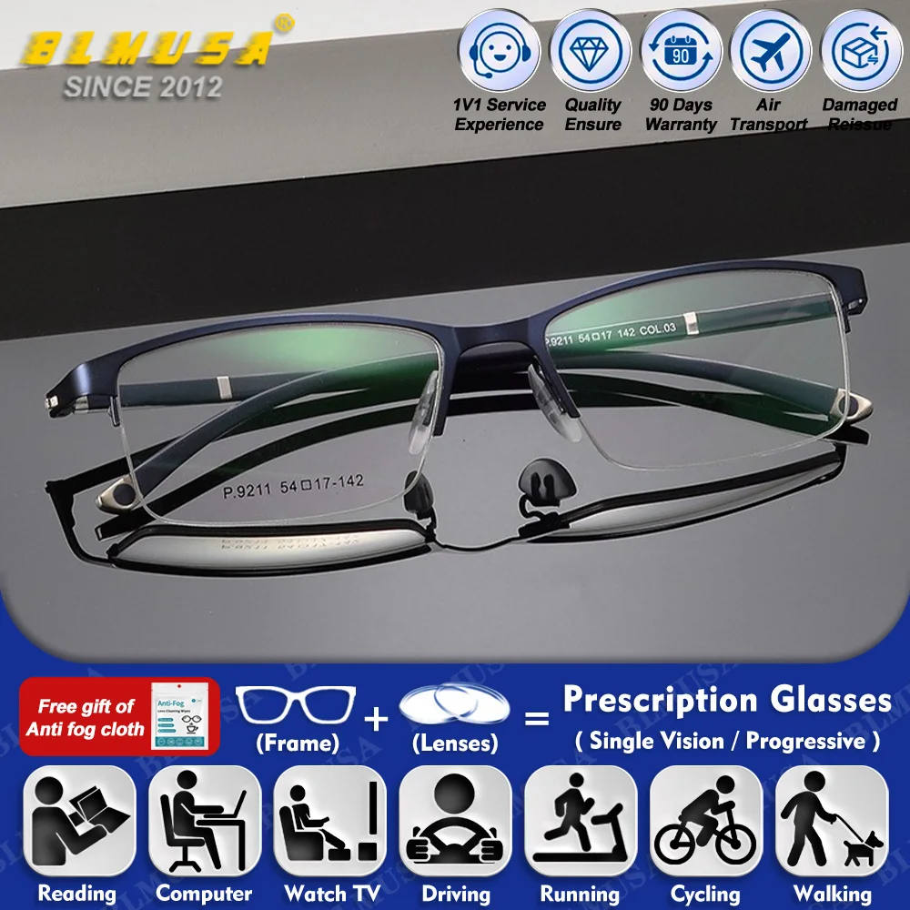 

BLMUSA (L) Vintage Pure Titanium Square Half-Frame Progressive Reading Eyeglasses Men Anti Blue Ray Myopia Prescription Glasses