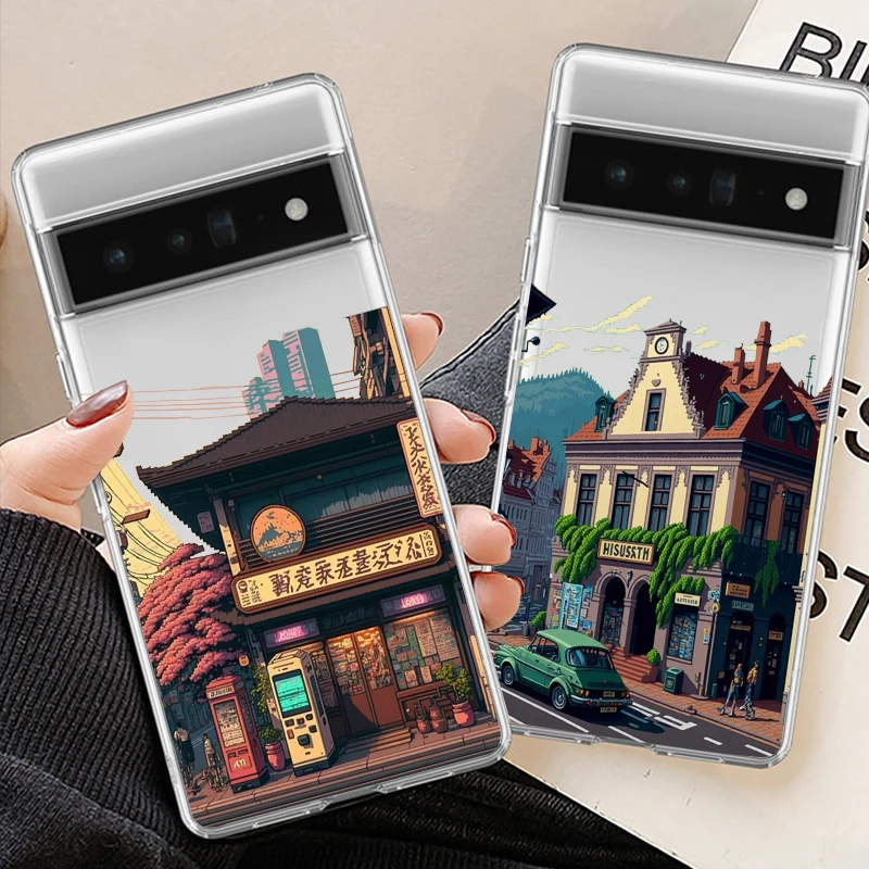 Japanese Aesthetic Painting City Street Landscape Phone Case For Google Pixel 8A 8 Pro 6 6A 5G 7Pro 7A Scenery Clear Soft Cover