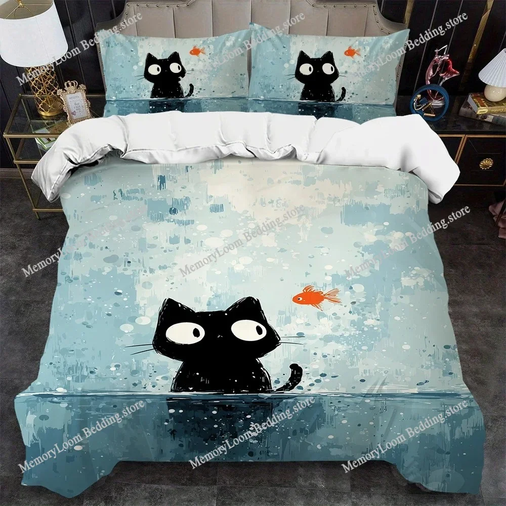 

Cute Black Cat and Fish Duvet Cover Set Home Style Bedding Soft Laundry Cotton Bed Student Dormitory Gift Home Textileextile741