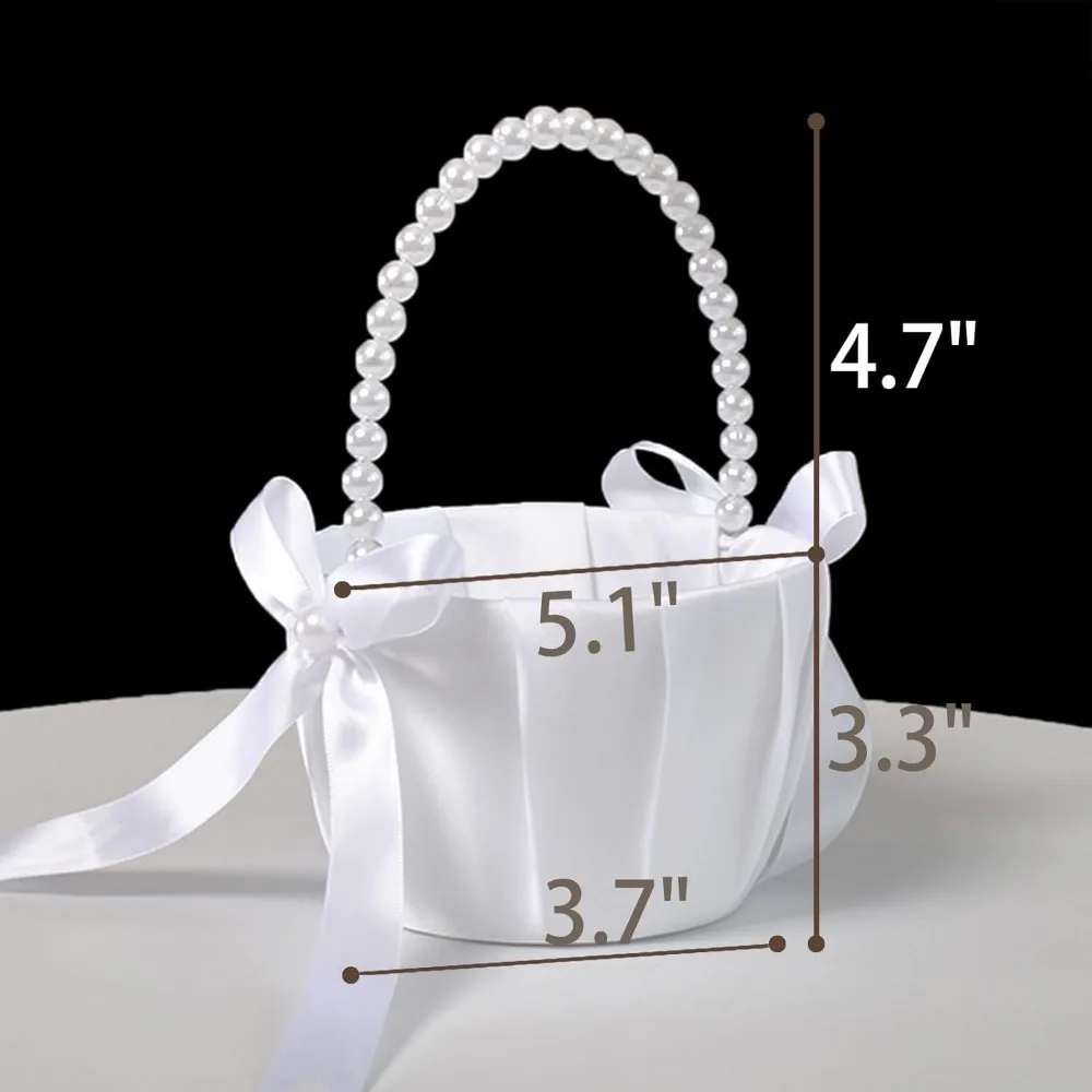 Свадебные корзины для девочек-цветочниц с жемчужной ручкой, атласные цветочные корзины с бантом для коллекции жемчуга для девочек-цветочниц, белые