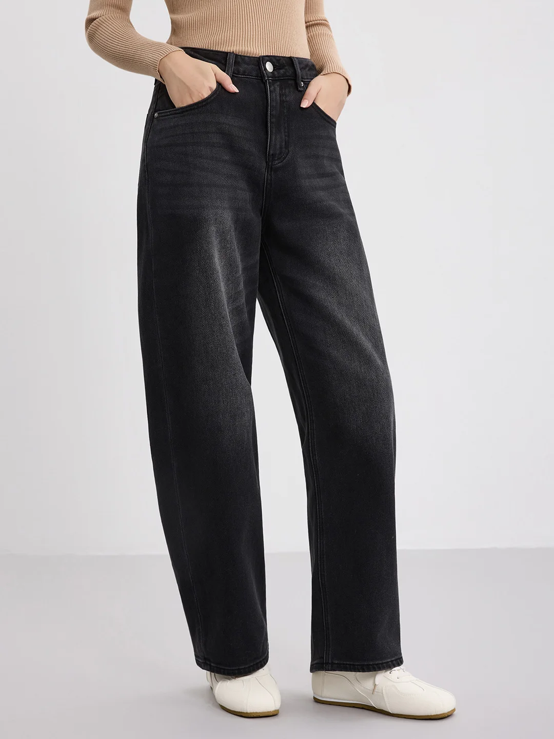 

Женские джинсы-бананы с высокой талией, утепленные флисом, свободного кроя, из хлопково-полиэстеровой смеси, неэластичные, в стиле ретро