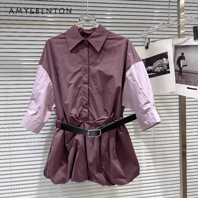 

2026 Spring Fashion Hot Girl Splicing Female Shirt Retro Design Sweet Cool Loose Temperament Belt Short Sleeve Shirts Ladies