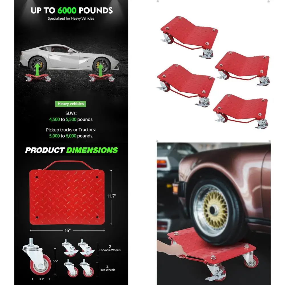 مجموعة دوللي سيارة شديدة التحمل مكونة من 4 قطع، سعة 6000 رطل، عجلات دوارة لسهولة حركة المركبات، أحمر #1