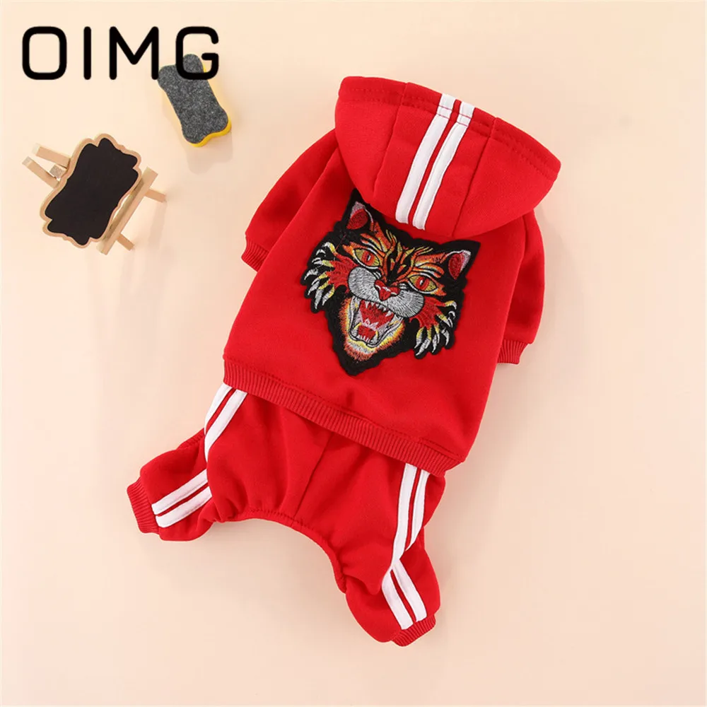 

OIMG Tiger Embroidery Small Dog Clothes Teddy Poodle Pomeranian Fleece Sweater Pet Hooded Sweatshirt Autumn Winter Puppy Costume