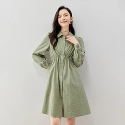 Toyouth Women Dress 2023 Autumn Long Sleeve Polo Neck A-shaped Drawstring Elastic Waist Single Breasted Casual Green Skirt