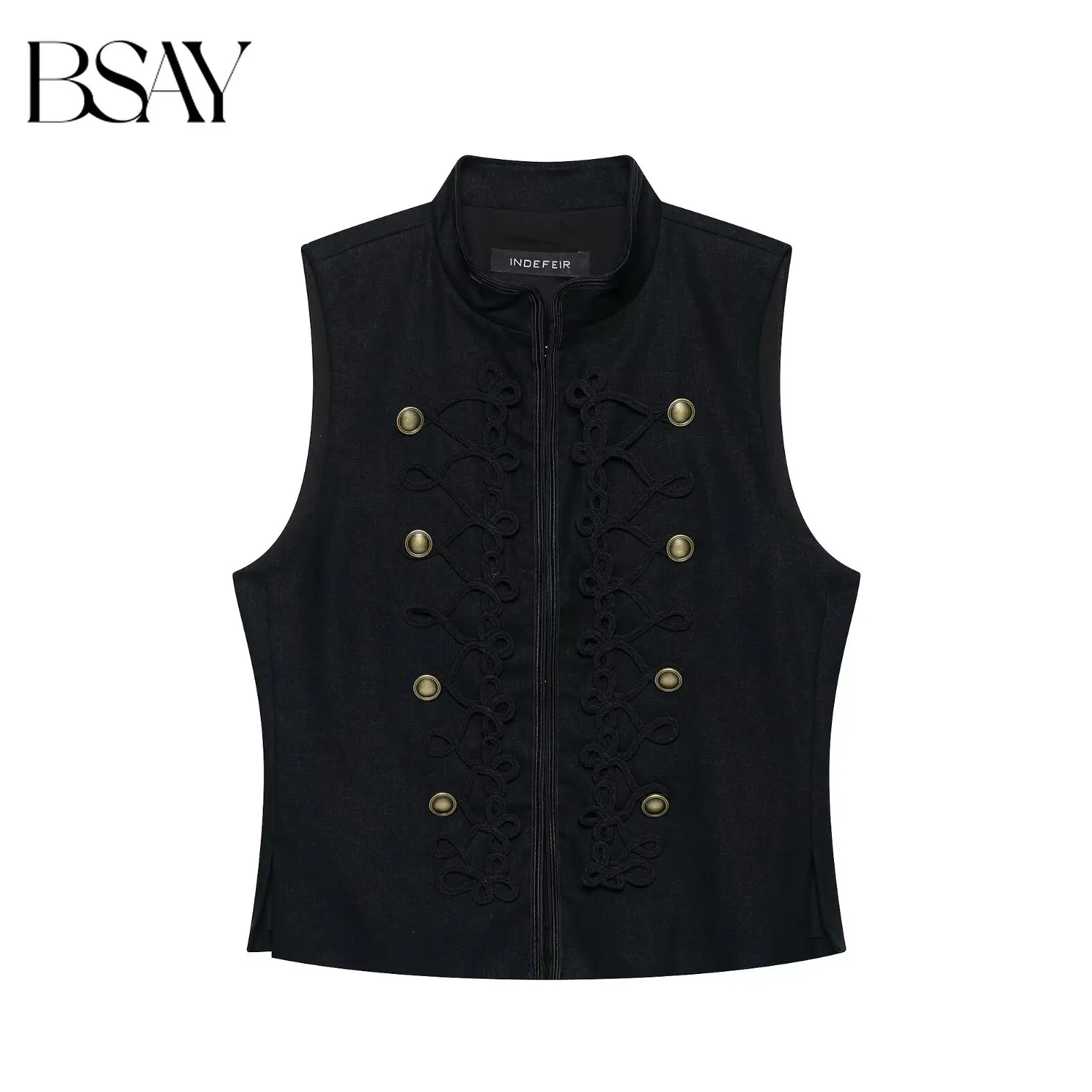 BSAY New Women Black Stand Collar Sleeveless Vest Vintage Lace-up Metal Button Zip Front Cropped Waistcoat Casual Short Vest Top
