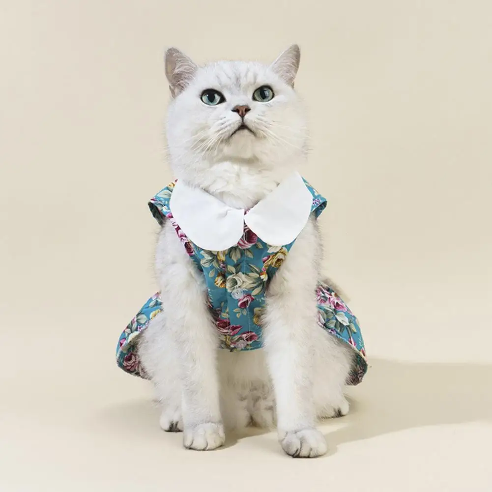 Excellent Pet Apparel  Turn-down Collar Cotton Cat Princess Dress  Elegant Kitty Puppy Floral Print Princess Dress