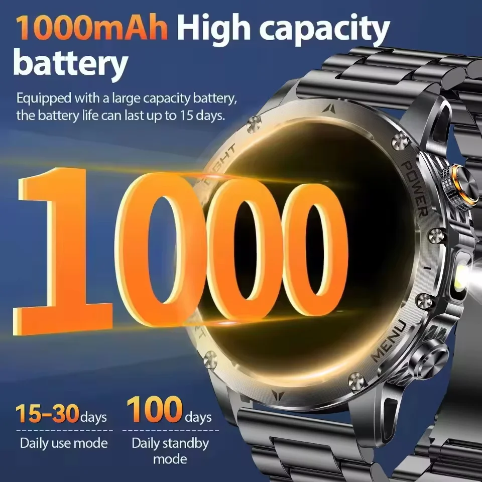 2025 جديد العسكرية ساعة ذكية 1000Mah بطارية تتبع اللياقة البدنية 10ATM مقاوم للماء تكتيكات الرياضة مصباح يدوي BT دعوة سوار بالنسبة لي