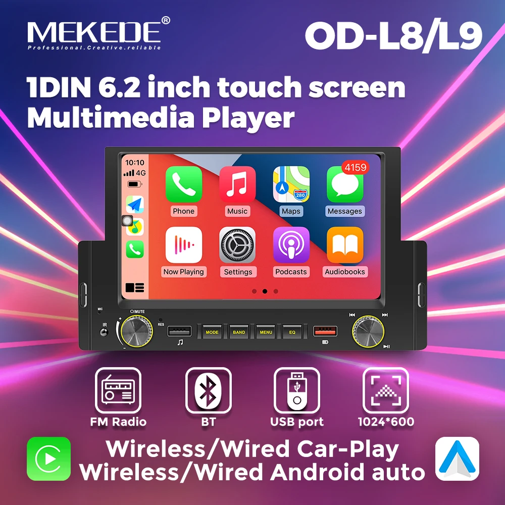 MEKEDE 1DIN 6.2 inch touch screenMultimedia Player 1024*600 wireless carplay auto Android auto Car audio stereo System