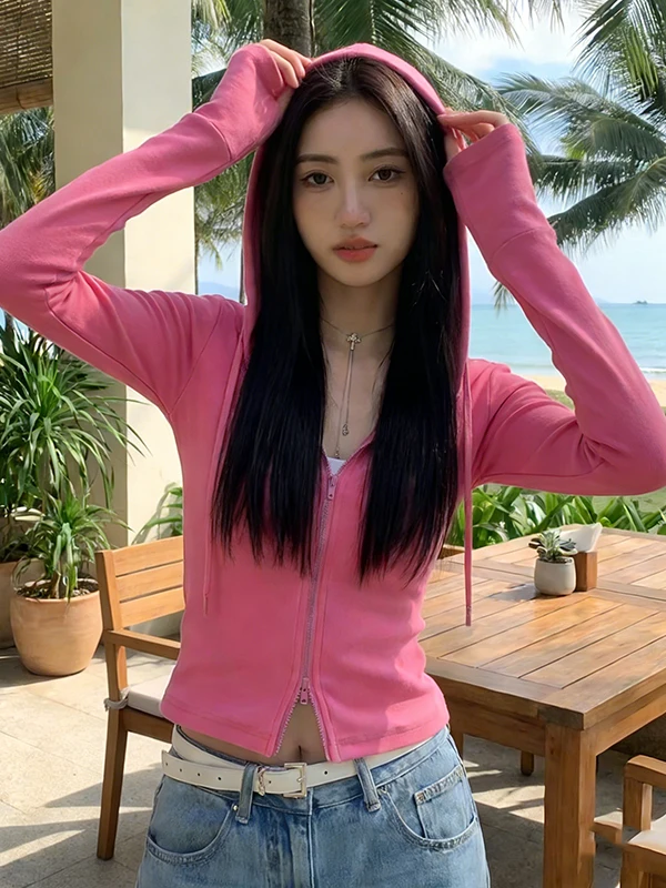 

Spring 2026 Pink Drawstring Hooded Open Cardigan Sweatshirt Women's Slimming Thin Outerwear Casual Style Short Length Zipper
