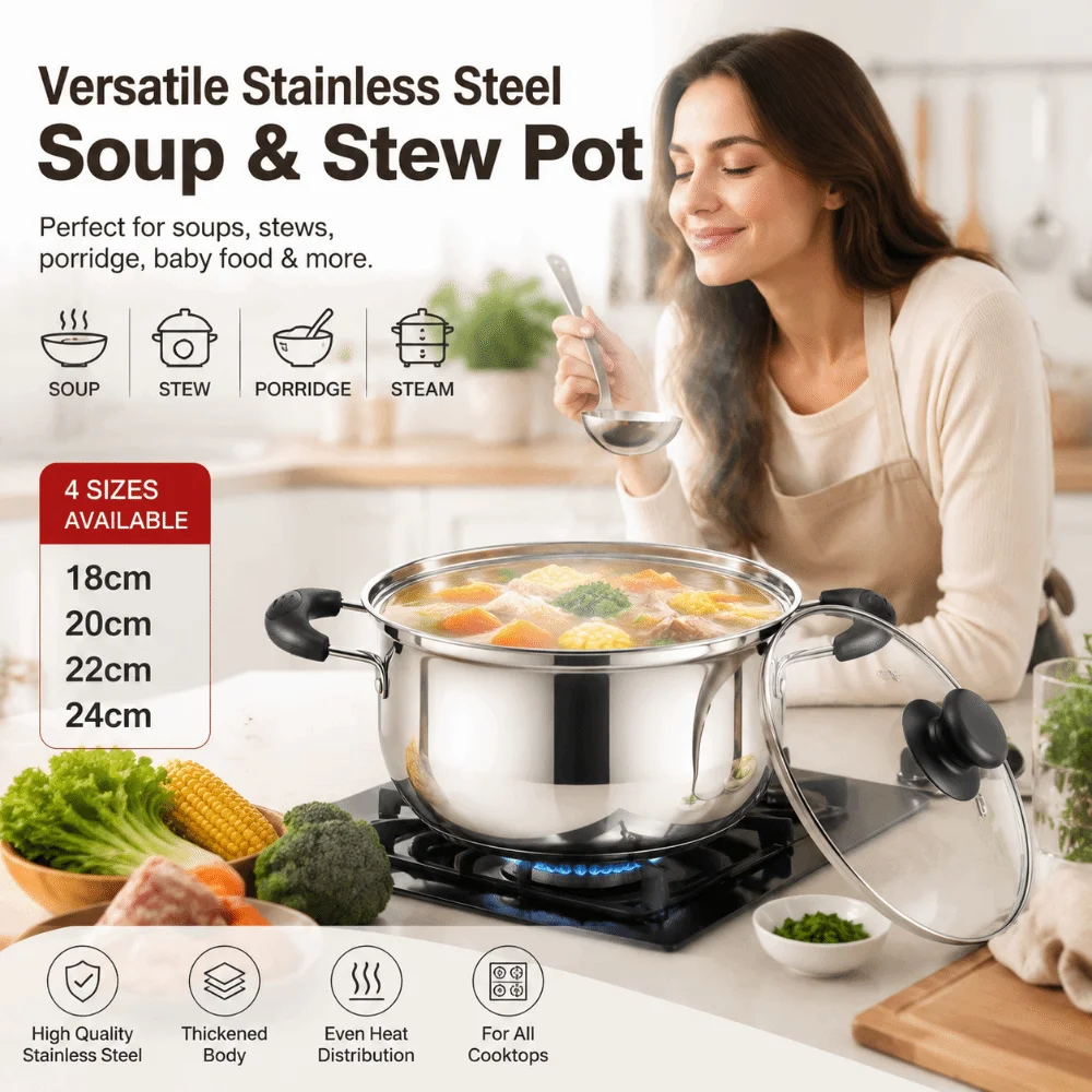 Stainless Steel Stock Pot Deep Pot Double Handle with Lid Baby Soup Pot 18/20/22/24cm Heat Resistant ‌Baby Food Cookware Kitchen