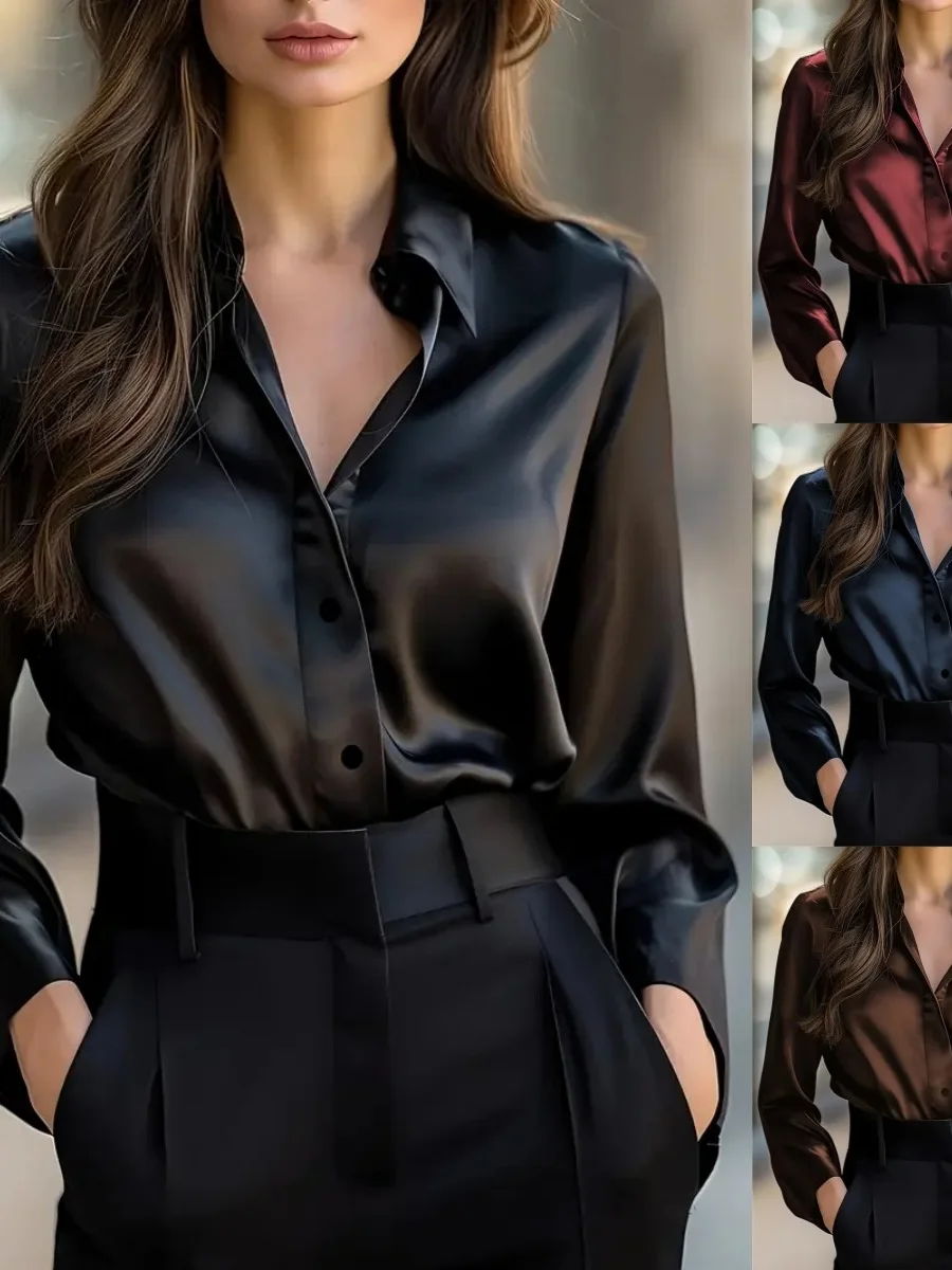 

Женская рубашка Ele Pure Color с длинным рукавом, на пуговицах, с воротником-стойкой, свободного кроя, из полиэстера, осенняя коллекция, модная.