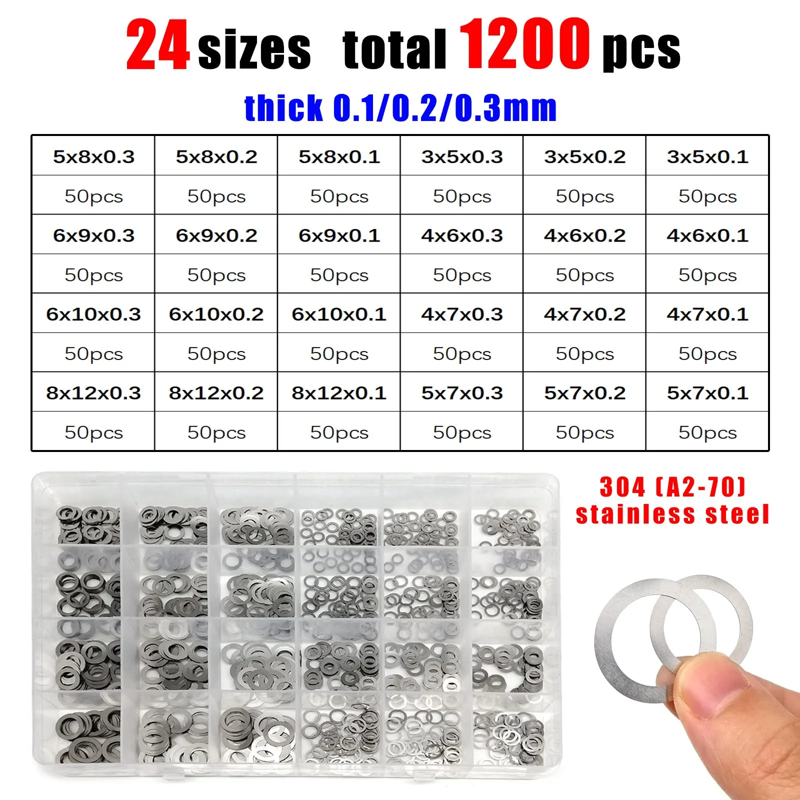 1 Box ultradünne, verstellbare Unterlegscheiben, verschiedene Größen: 0,1 mm, 0,2 mm, 0,3 mm, M3 bis M20, ultradünnes Flachdichtungsset, Edelstahl 304 – Detail 12