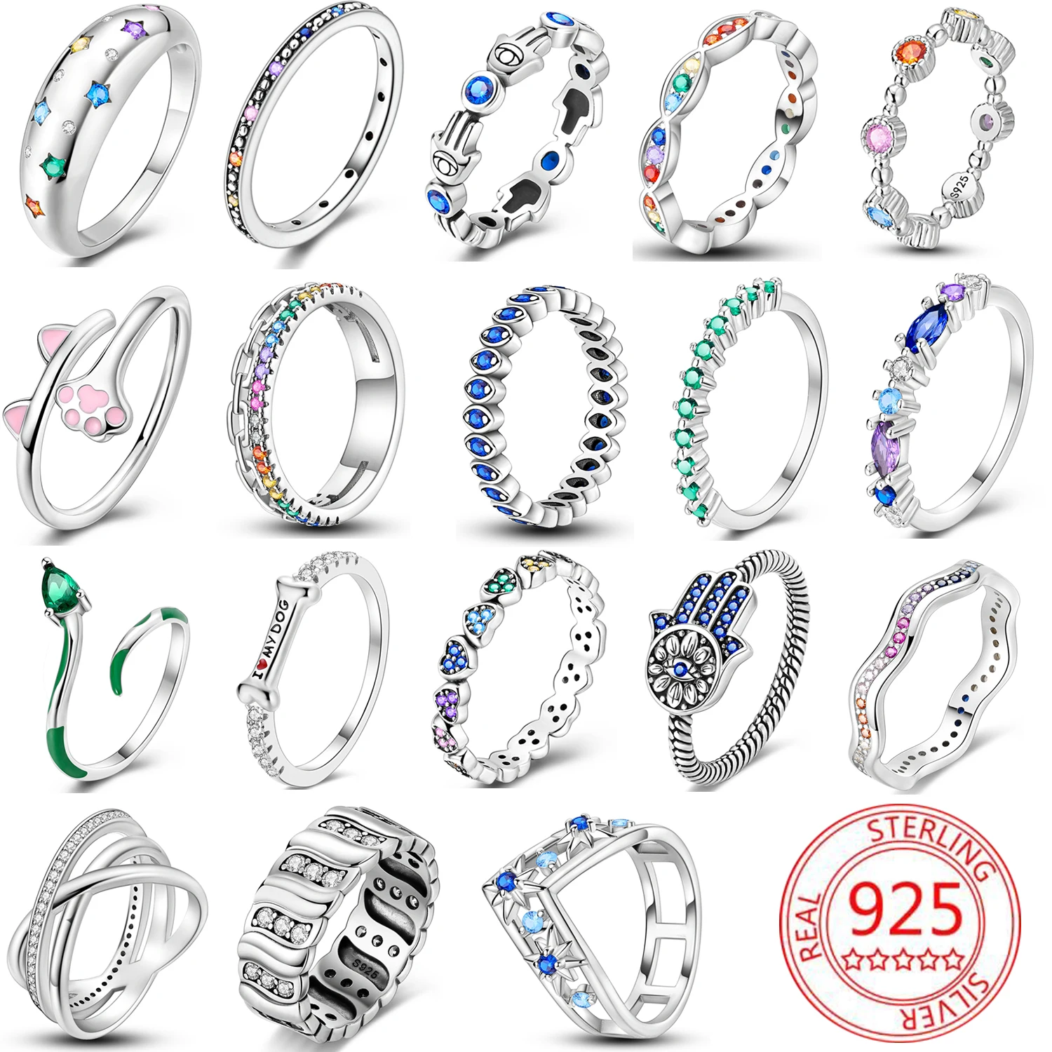 

925 Sterling Silver Colorful Zircon Finger Ring for Women Trendy Fashion Dazzling Jewelry Gift