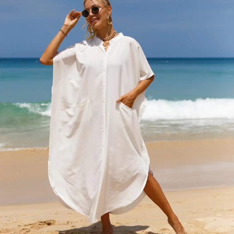 Robe longue de plage en coton pour femmes, tunique, t-shirt, blanc, noir, caftan, printemps, été