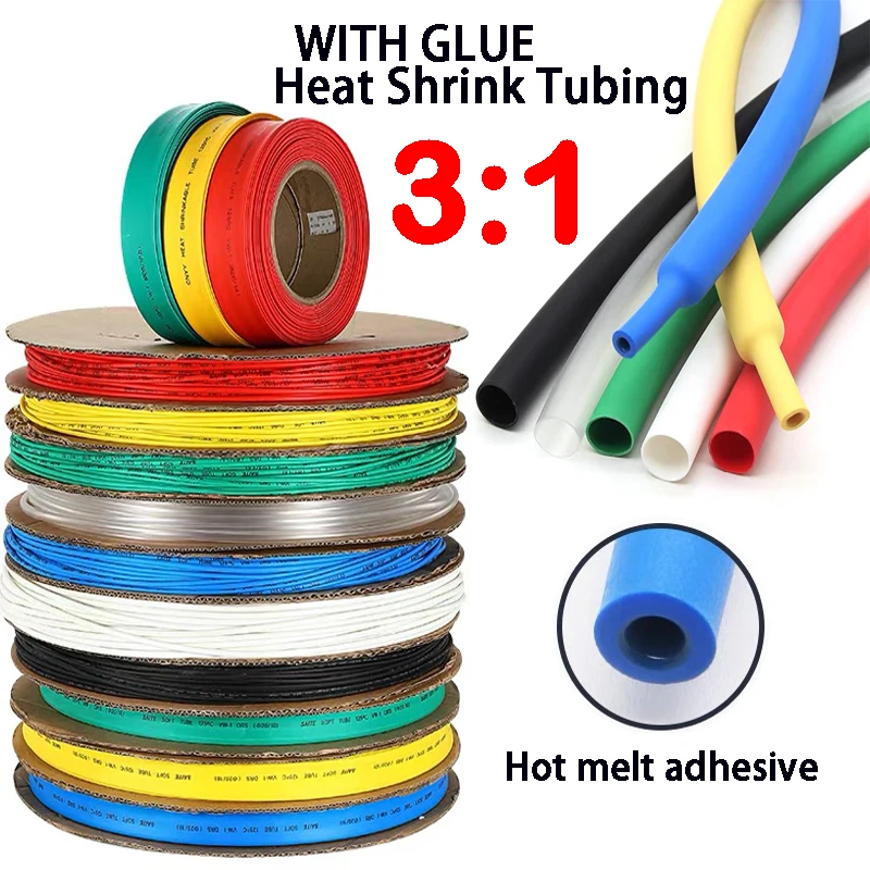 

10/50/100M 200Meter 3:1 Heat Shrink Tube Black with Glue Polyolefin Shrinking Assorted Ratio Adhesive Wire Cable Sleeving Tubing