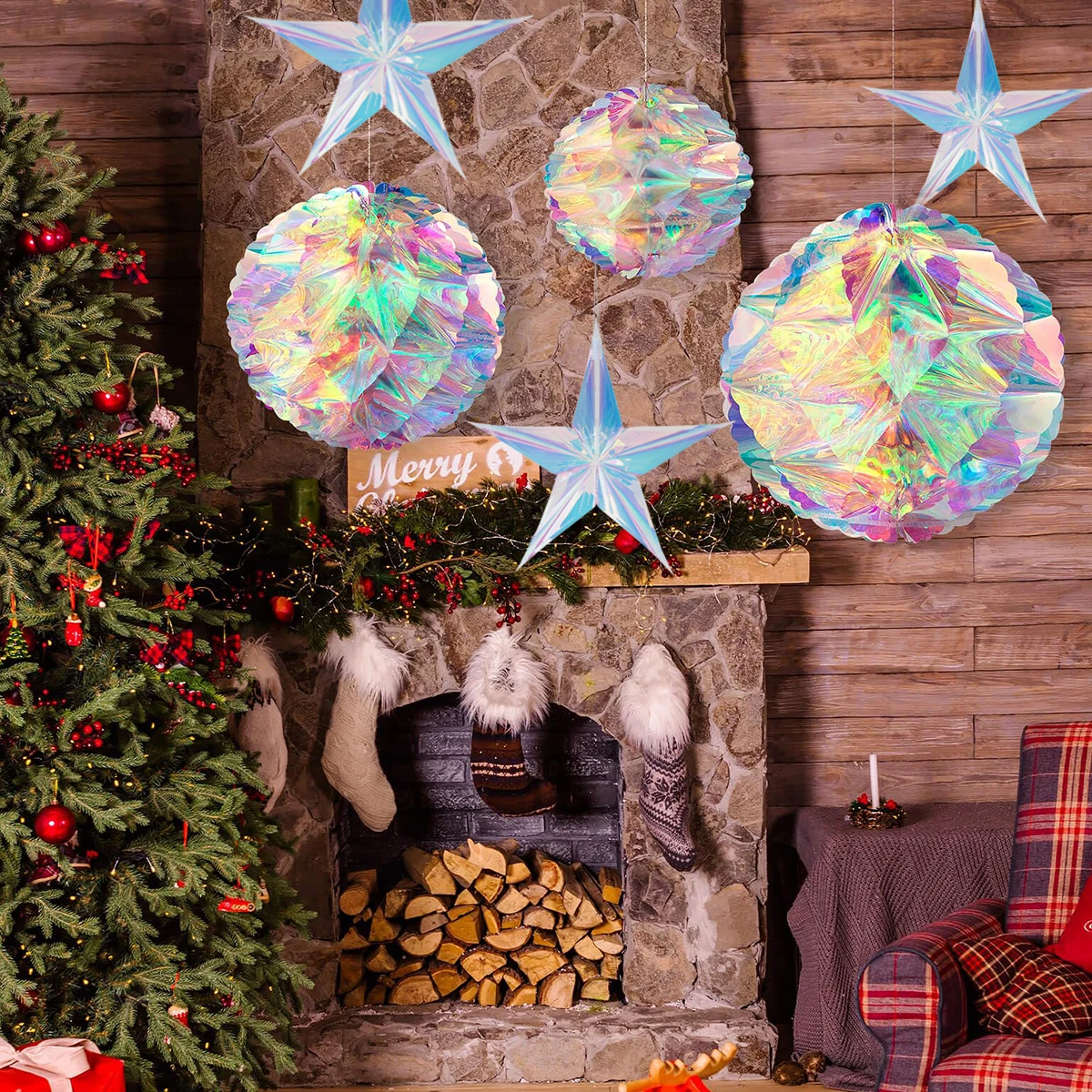 Christmas Star Ball Hanging Ornament Shiny Laser Star Pendant Neon Color Film Paper Ball for Christmas Wedding Party Decorations