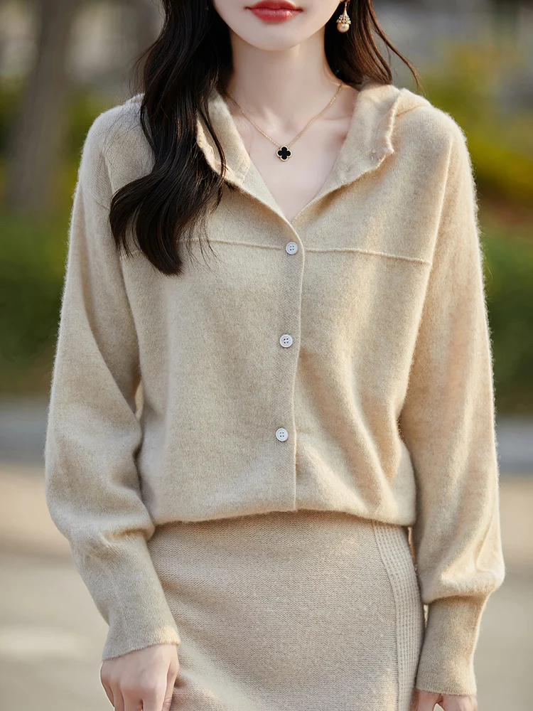 

Women’s Hooded Cardigans Sweater 100% Merino Wool Knitwear Long Sleeve Cashmere Autumn Winter Chic Casual Solid Comfortable Tops