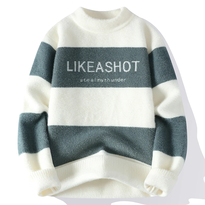 3 Color Sweater Men's New Crystal Mink Knitwear Fashion Vertical Striped Letter Print Pullover Comfortable Sweater