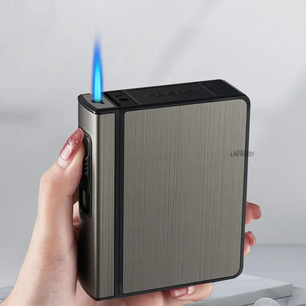 Automatic Cigarette Case Windproof Jet Flame Lighter Hold 20pcs Cigarette Tobacco Storage Box Inflatable Gas Lighter Men Gadgets