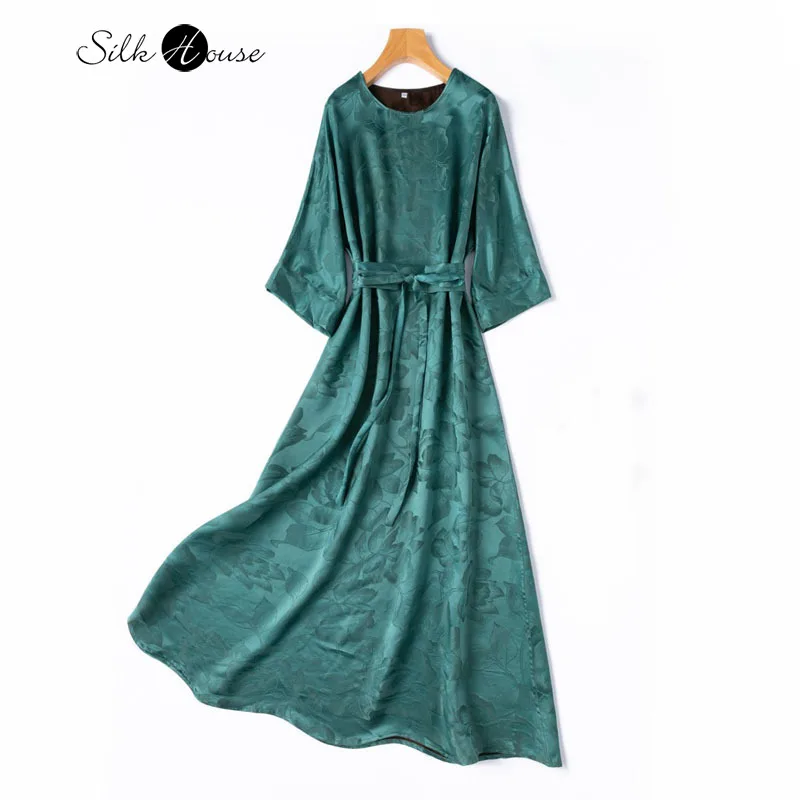 

Luxury 45MM Heavy 100% Natural Mulberry Silk Printed Gambiered Guangdong Gauze Three-quarters Sleeve Waist Cover Women's Dress