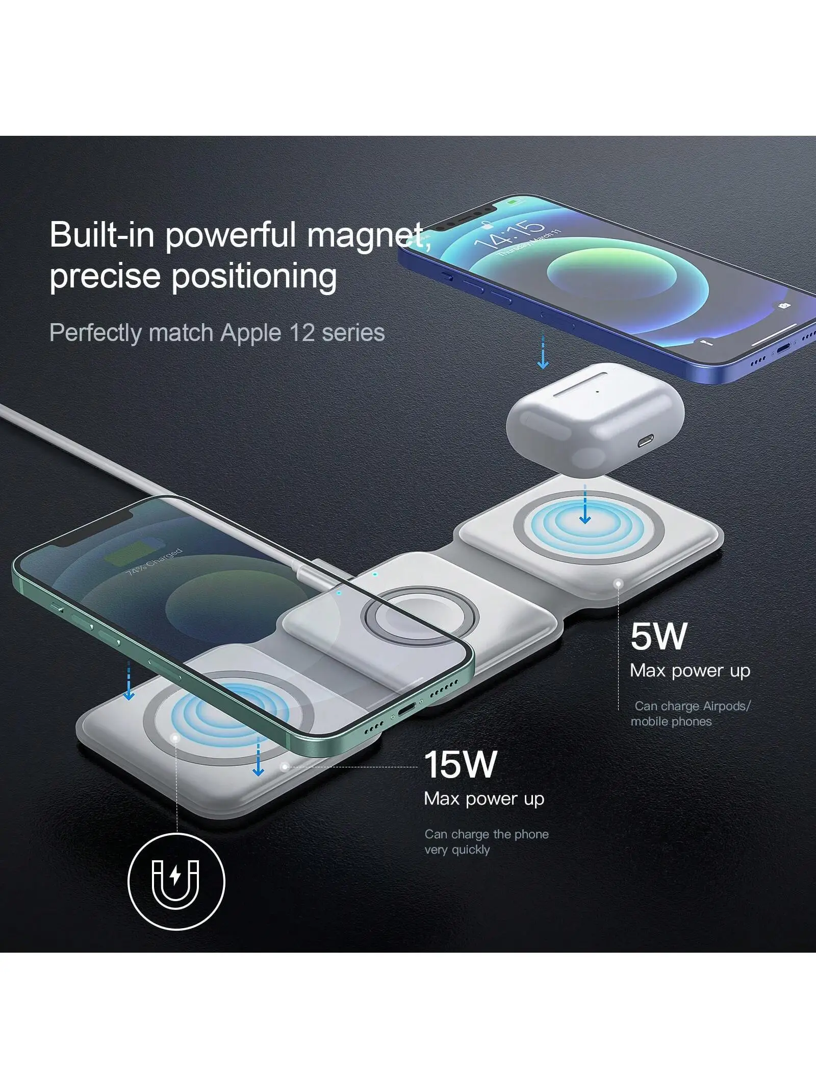 3-In-1 Wireless Charger, RTOPS  Travel Wireless Charging Station For Multiple Devices, GaN 3-In-1 Charging Station, Compatible W