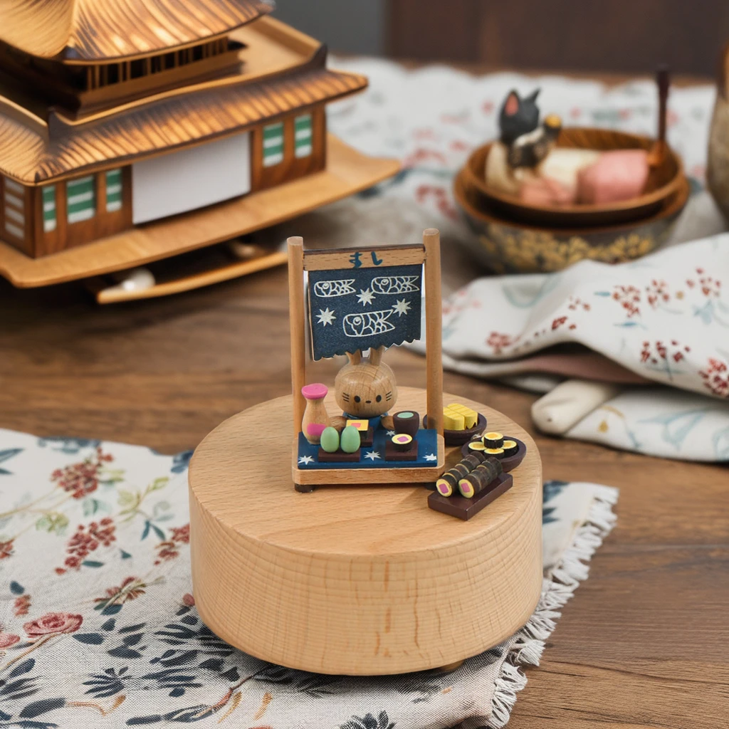 

Creative Kids Gifts Clockwork Rotating Sushi Bunny 18-note Beech Wooden Music Boxes For Gifts