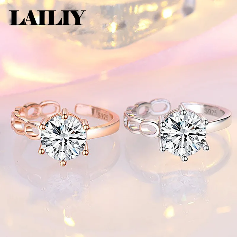 LAILIY 925 Sterling Silver Rose Gold New Wedding Gift Diamond Six Prong 1Ct Opening Adjustable Ring for Women Fashion Jewelry - view 4