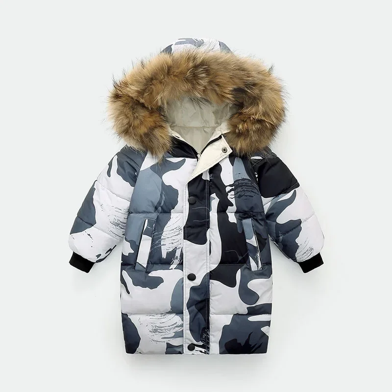 Large Fur Collar Kids Down Padded Jacket Camouflage Boys Cotton Coat Long New Child Outerwears Girls Thick Winter Clothing