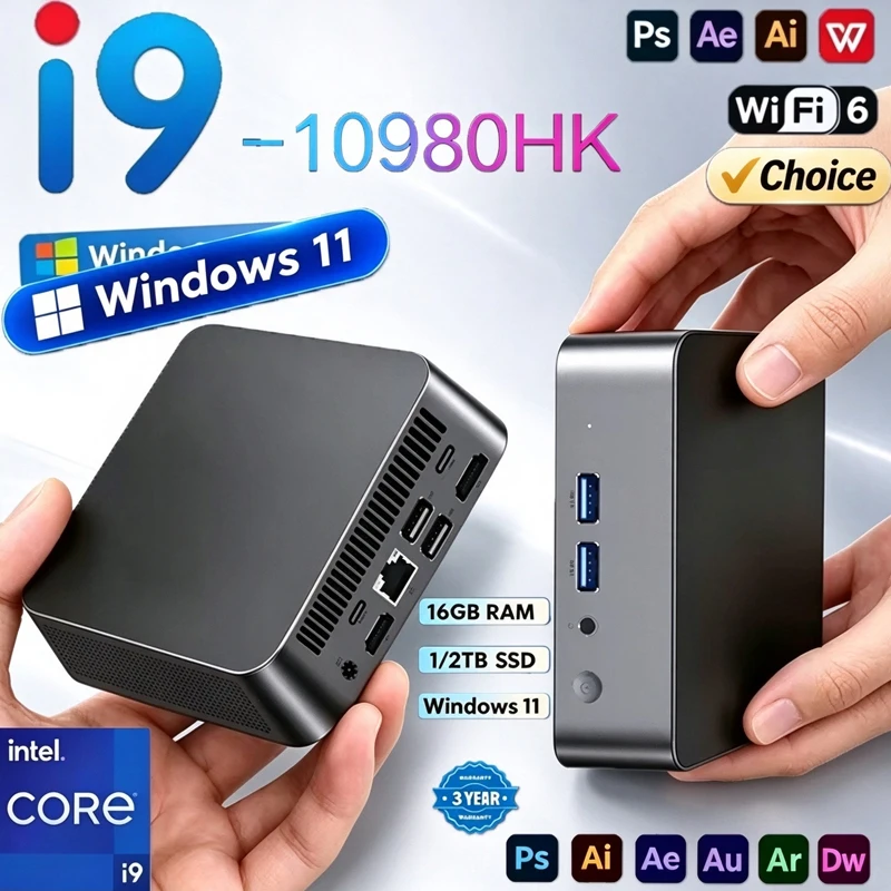 High Performance Mini PC I9-10980HK Windows11 Pro 16GB RAM 1TB/2TB SSD 4K Screen WiFi6 BT5.2 Household Office Notebook