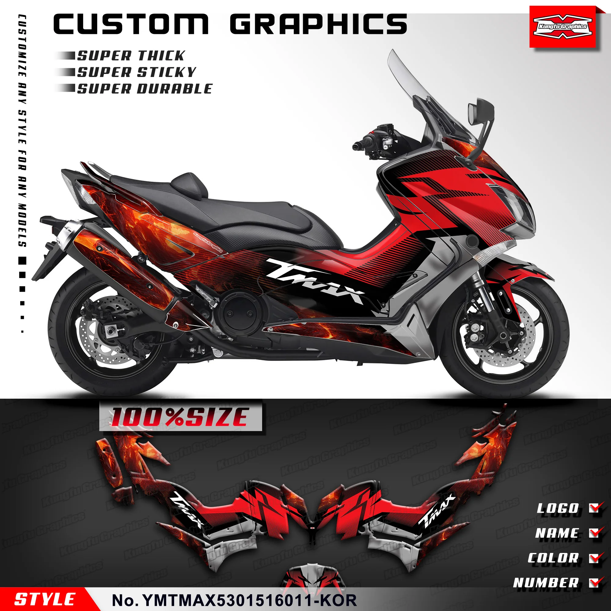 KUNGFU GRAPHICS Scratchproof Shield Wrap Kit Flame Design for Yamaha TMAX 530 2015 2016, YMTMAX5301516011-KOR