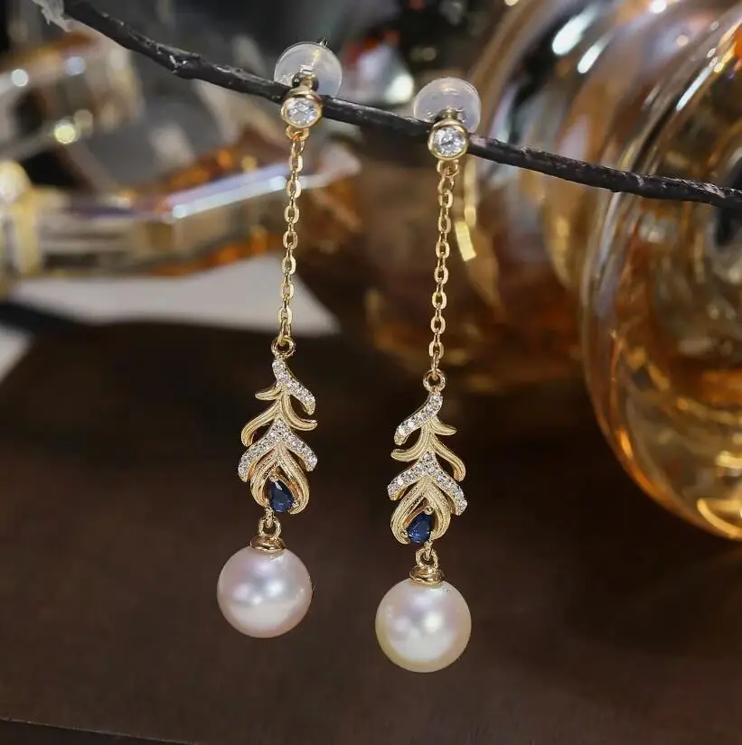 

gorgeous pair of 9-10mm south sea round white pearl dangle earring 925s