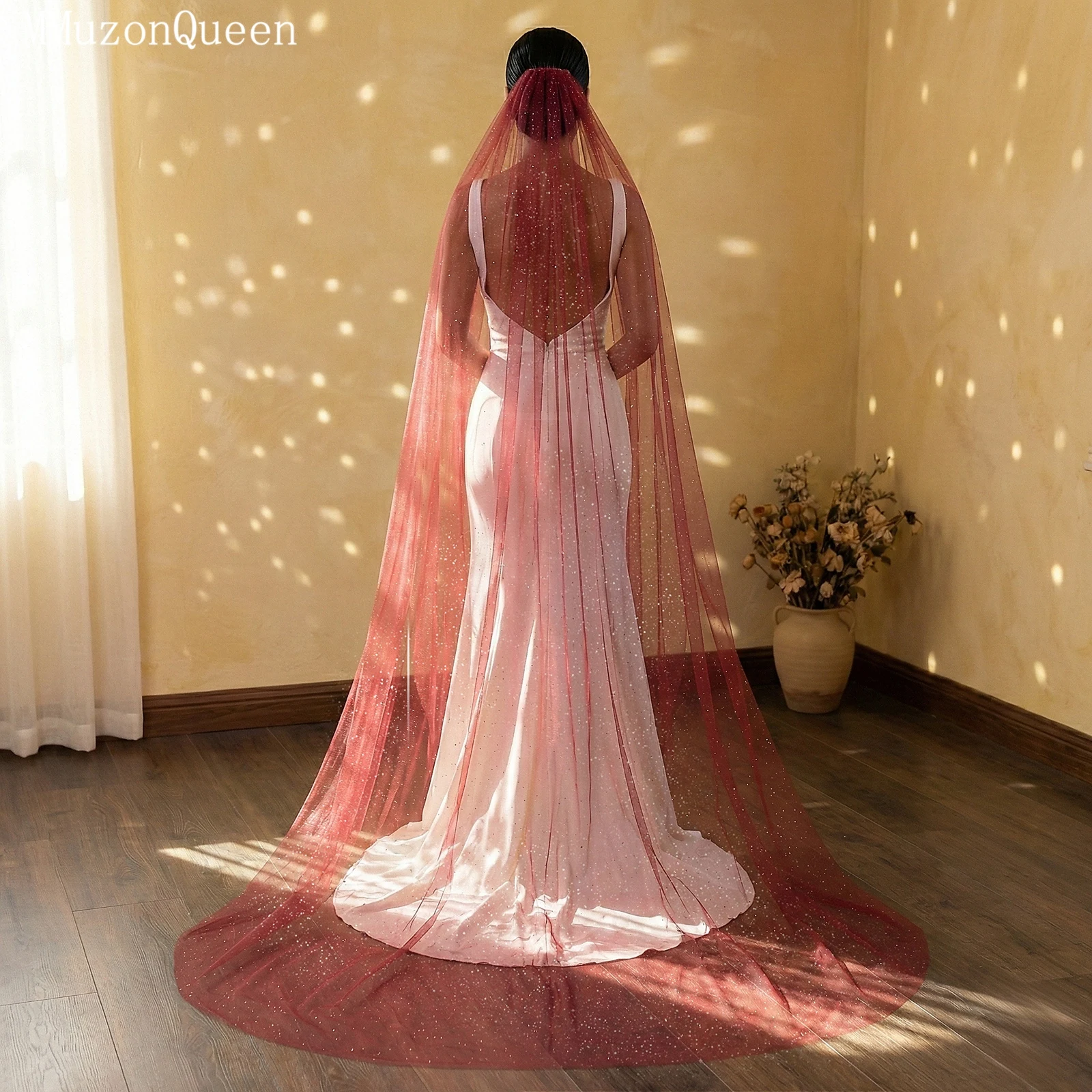 TOPQUEEN V221 Fashion Wine Red Women's Veil Bridal Elegant Evening Dress Wedding Single Layer Tulle with Hair Comb