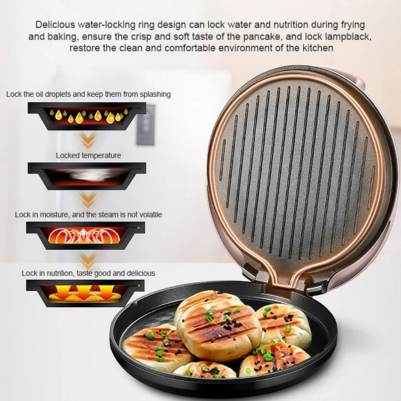 กระทะอบไฟฟ้าเครื่องทำความร้อนสองด้านเครื่องทำแพนเค้กแซนวิชอาหารเช้าเครื่องทำเครปสำหรับใช้ในครัวเรือน