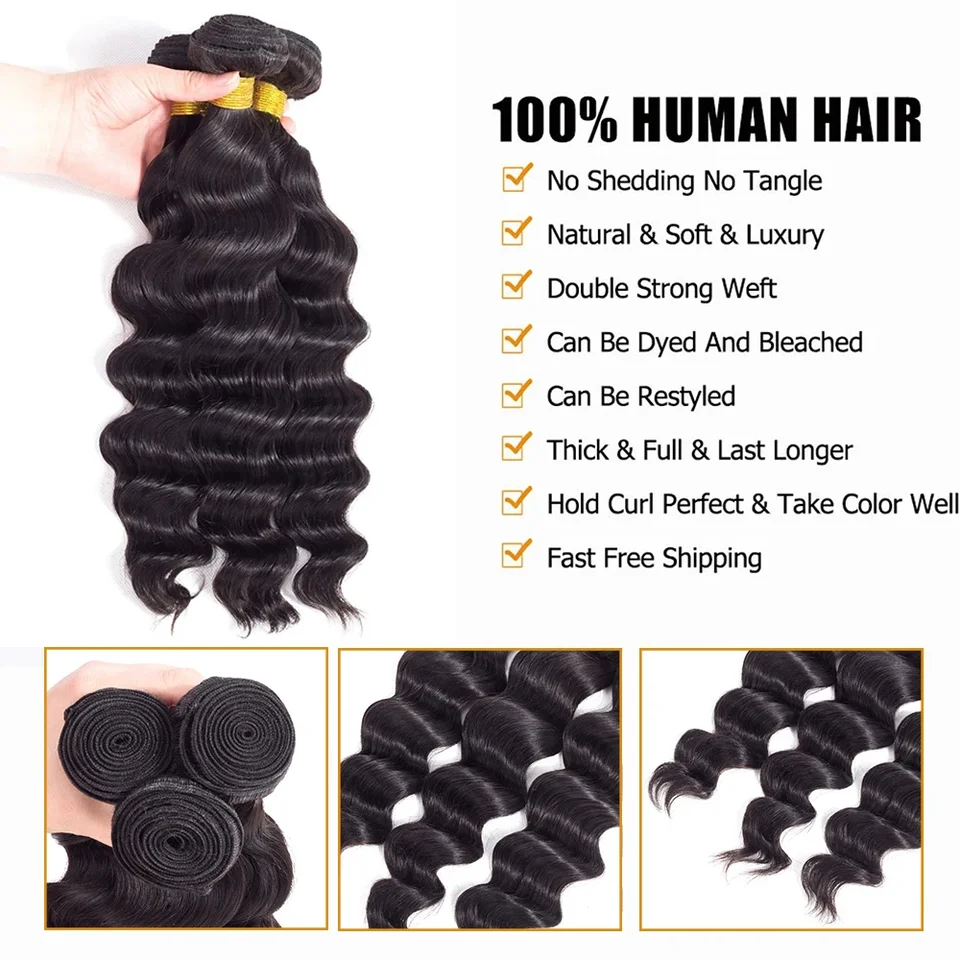 ROYAL Paquetes de Cabello Humano Onda Suelta con Cierre, Cabello Brasileño 3/4 Paquetes con Cierre de Encaje 2