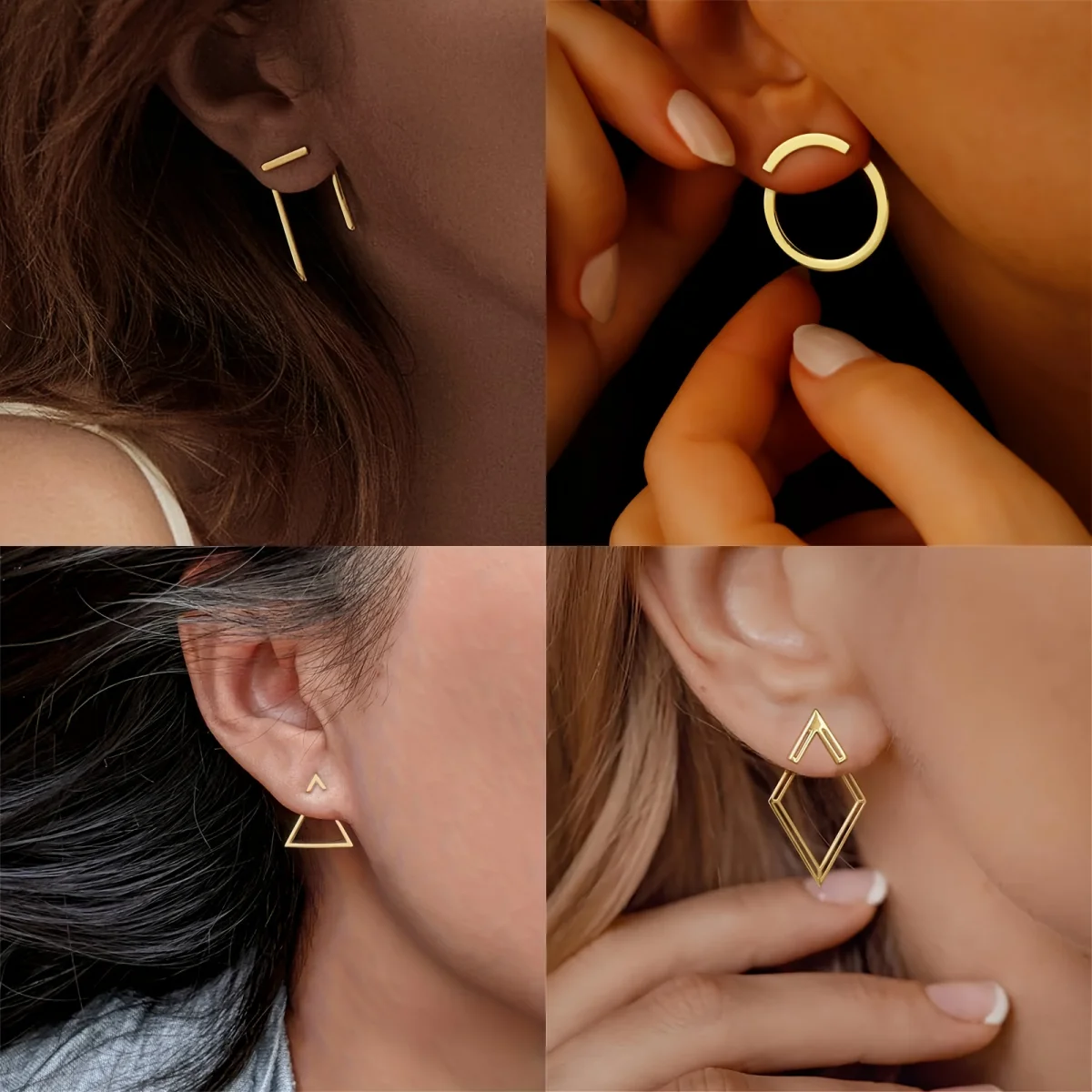 4-pack minimalist retro style triangular hollow diamond circular one character back hanging earrings