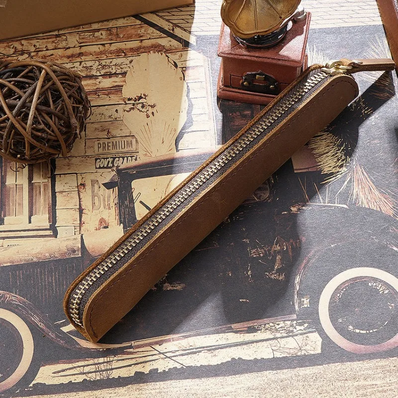 ซองใส่ปากกาหนังวัวแบบมีซิป  กระเป๋าใส่ดินสอขนาดเล็ก ป้องกันรอยขีดข่วน สำหรับนักเรียน นักศึกษา ใช้ในชีวิตประจำวัน ใส่เครื่องเขียน