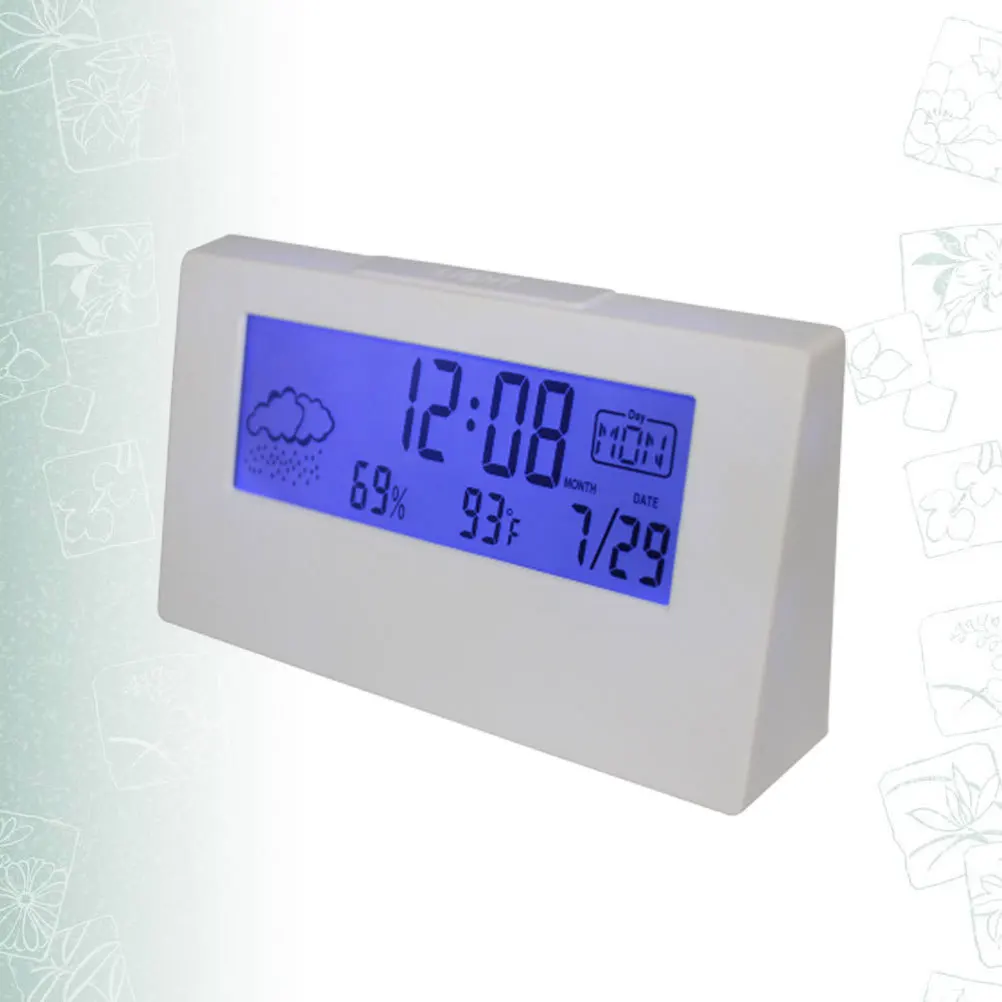

Meteorological Display Alarm White Lcd Desktop Temperature Humidity Sensor Led Bedside Clock For Students Kids Table Clock