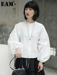 [EAM] Women White Elegant Blouse New Stand Collar Long Lantern Sleeve Loose Fit Shirt Fashion Tide Spring Autumn 2024 JI516