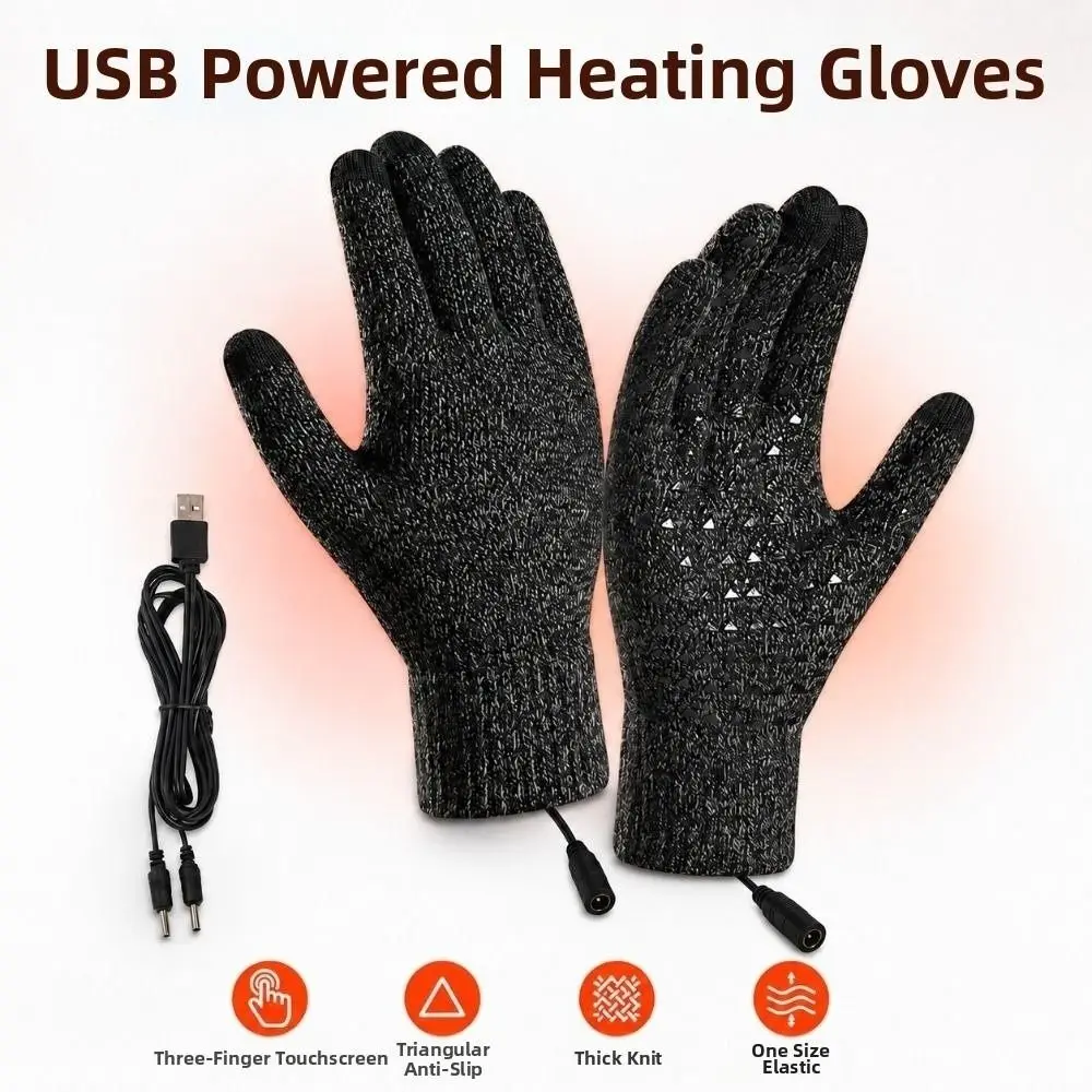 1 Level 3 Level USB Electric Heated Gloves Solid Color Warm Knitted Polyester Gloves Soft Adjustable Temperature