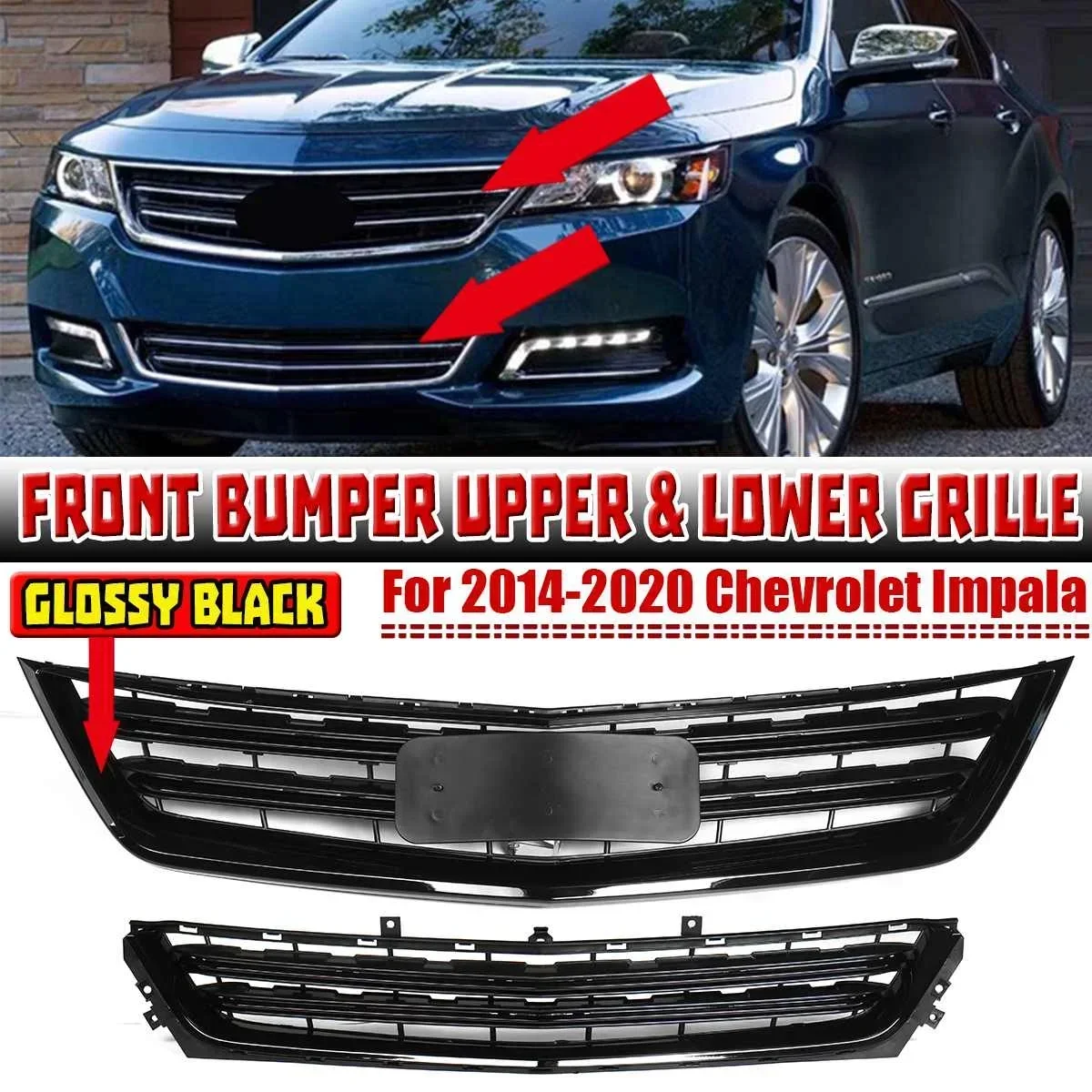 New 2x Car Front Bumper Upper + Lower Grille Grill Replacement For Chevrolet Impala 2014-2020 Front Bumper Center Racing Grills